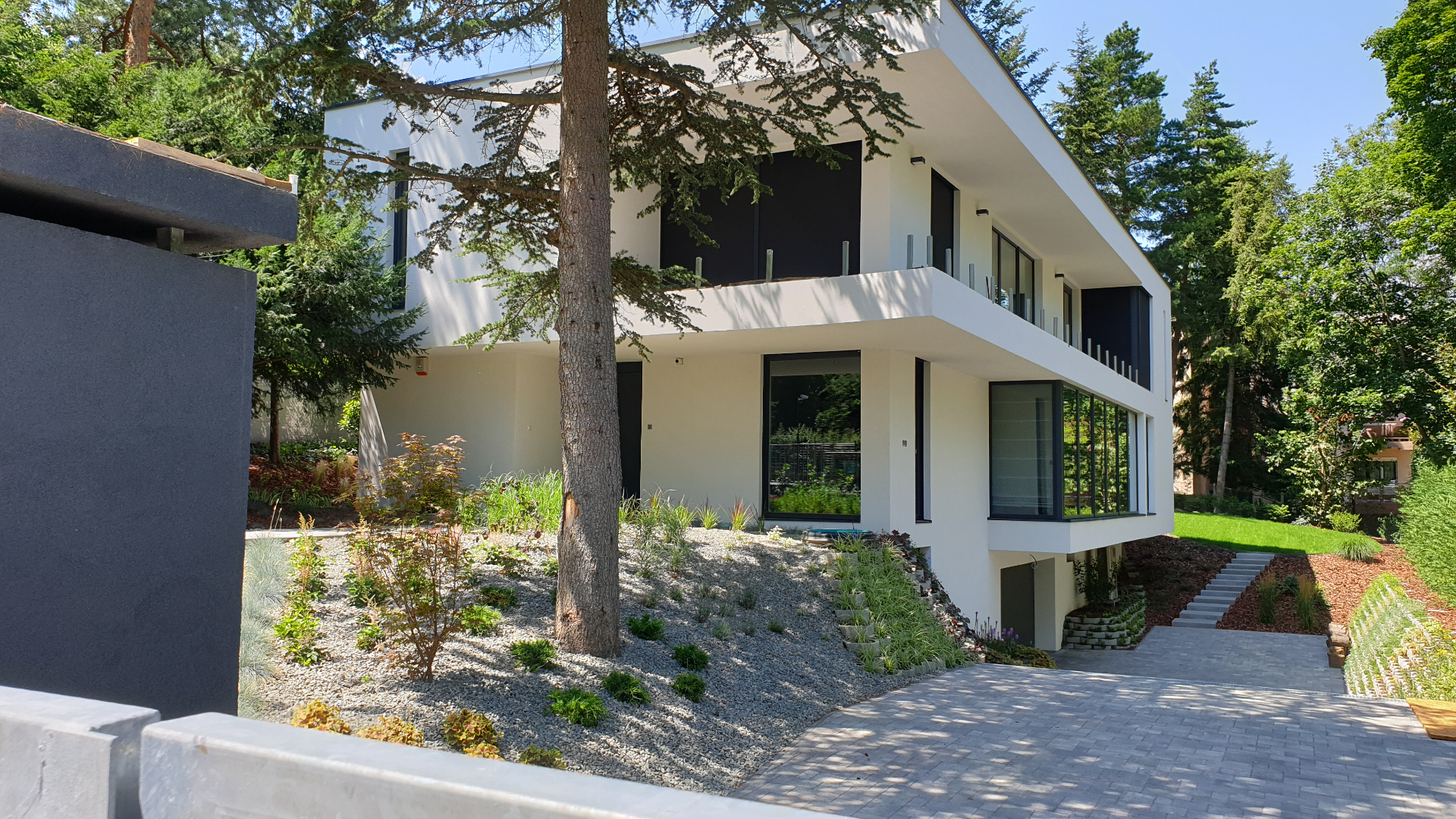 Modern fehér villa őszi előkertje japán juharral, díszfüvekkel és kőburkolatos kocsibeállóval